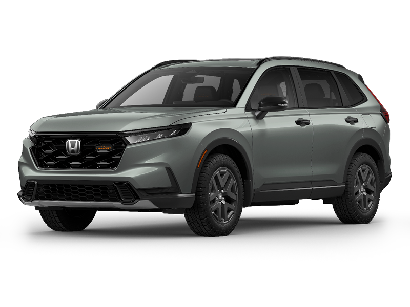 2026 Honda CR-V TrailSport Hybrid SUV in grey, shown at a three-quarter front angle on a white background.