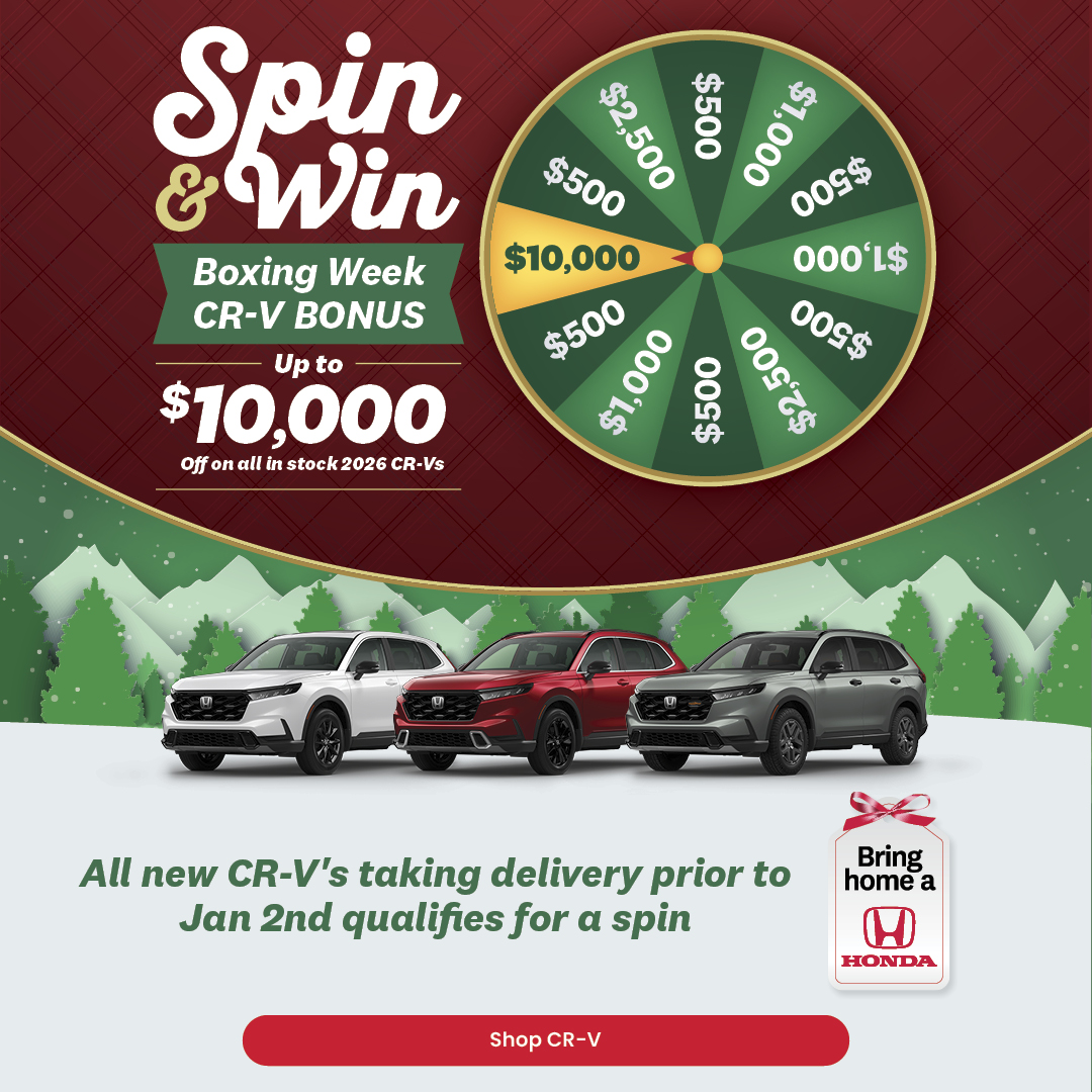 Promotional Boxing Week graphic for Honda featuring a “Spin & Win” CR-V bonus, showing a prize wheel with amounts up to $10,000, three Honda CR-V vehicles displayed in front of a winter landscape, and text noting that all in-stock 2026 CR-Vs taking delivery before January 2 qualify for a spin, with a “Shop CR-V” button at the bottom.