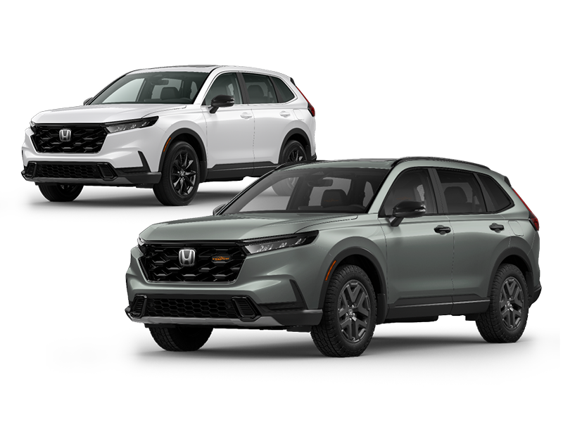 Two Honda CR-V SUVs on a white background. One is light grey in the foreground and the other is white positioned behind it. Both vehicles are shown at a three-quarter front angle.