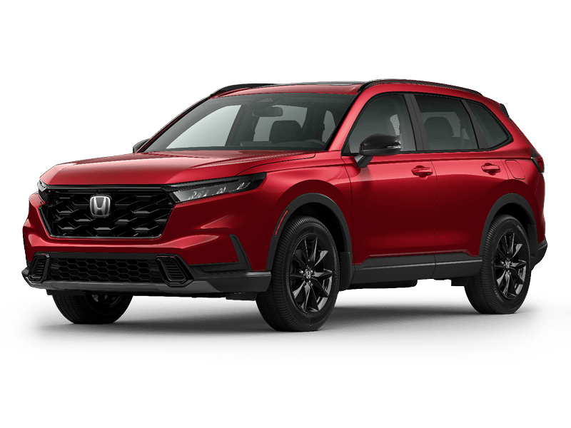 Red 2026 Honda CR-V Sport Hybrid SUV on white background, featuring black grille, sleek LED headlights, black alloy wheels, and aerodynamic body design.