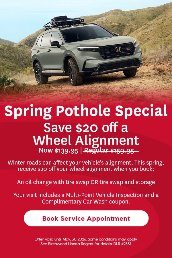 Automotive service ad featuring a rugged Honda SUV on a mountain trail with headline “Spring Pothole Special – Save $20 off a Wheel Alignment.” Discounted price $139.95 (regular $159.95). Includes multi-point inspection and car wash coupon. “Book Service Appointment” call to action.