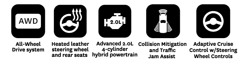 Feature icons highlighting AWD system, heated leather steering wheel and rear seats, advanced 2.0L 4-cylinder hybrid powertrain, collision mitigation with traffic jam assist, and adaptive cruise control with steering wheel controls.