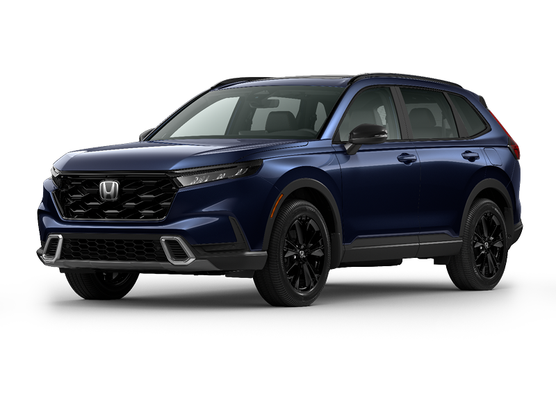 Blue Honda CR-V Hybrid SUV shown in a studio-style cutout, highlighting a modern compact crossover with black wheels and sleek front grille.