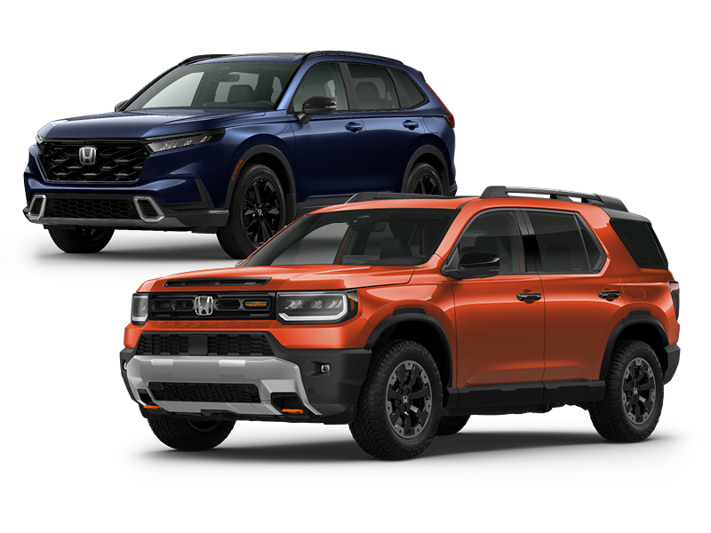 Blue Honda CR-V Hybrid and orange Honda Passport TrailSport SUVs shown together in a studio-style cutout, highlighting modern hybrid efficiency and rugged off-road capability.