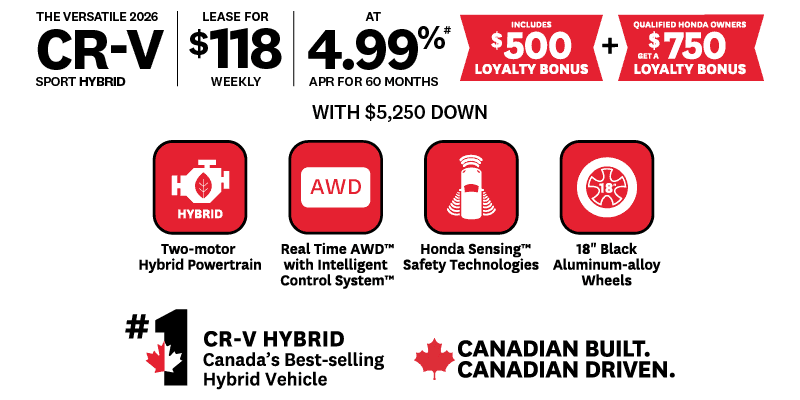 2026 Honda CR-V Sport Hybrid lease offer banner, $118 weekly at 4.99% APR for 60 months with $5,250 down, $500–$750 loyalty bonus, hybrid AWD SUV with Honda Sensing, Canada’s best-selling hybrid vehicle.